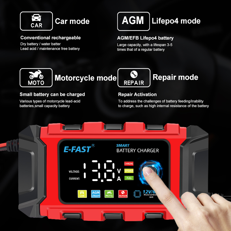 TK-360 Hot Product E-FAST 3-stage Pulse Repair Car Battery Charger Lcd 12v 6a Motorcycle Lead Acid Battery Charger for AGM GEL WET Battery