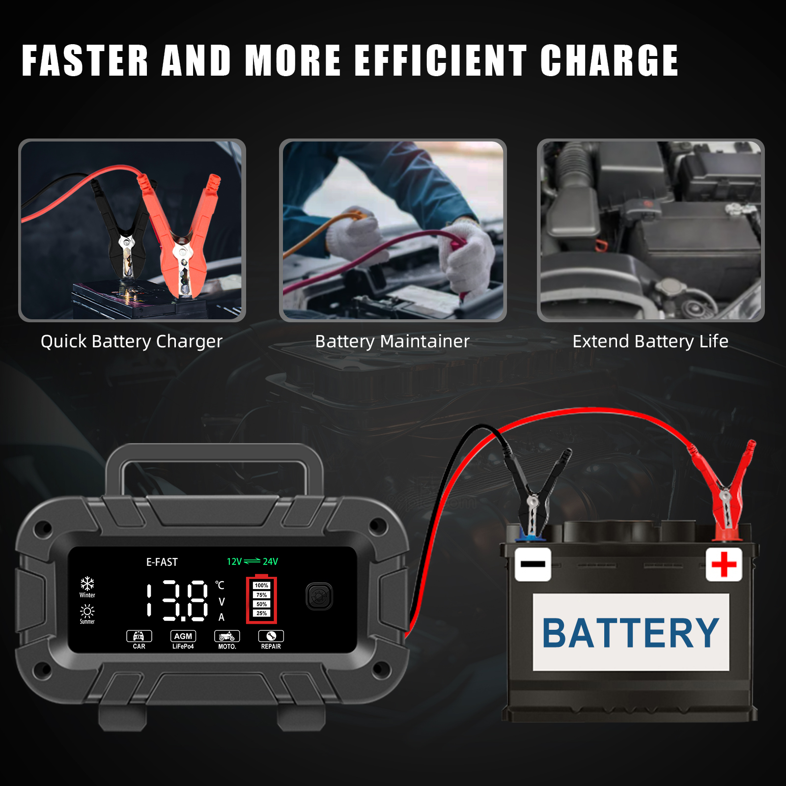 TK-700 Portable Pulse Repair 12V10A 24V5A Lead Acid LiFePO4 Battery Charger Fully Automatic Intelligent for Car Motorcycle Scooter Tricycle