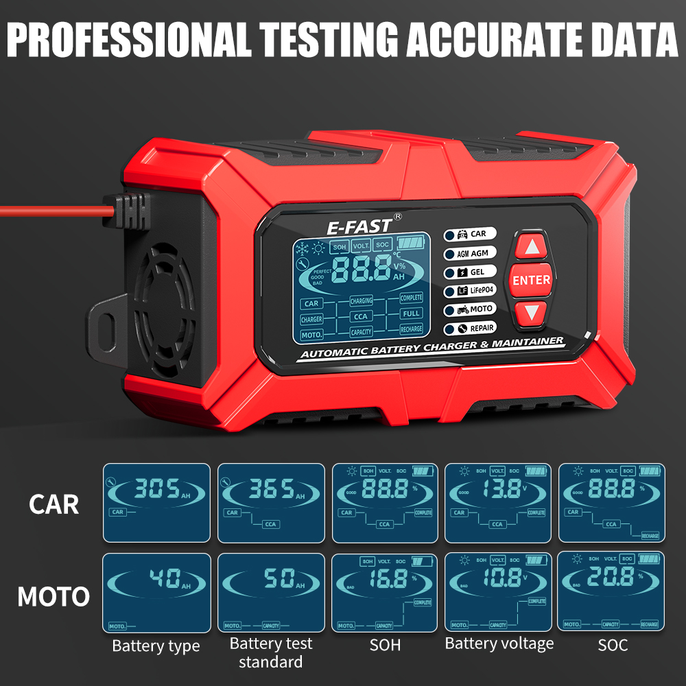 TK-800 New Arrival E-FST 12V6A LiFePO4 Lead Acid Intelligent Detection Type Charger Automatic Pulse Repair Car Battery Charger